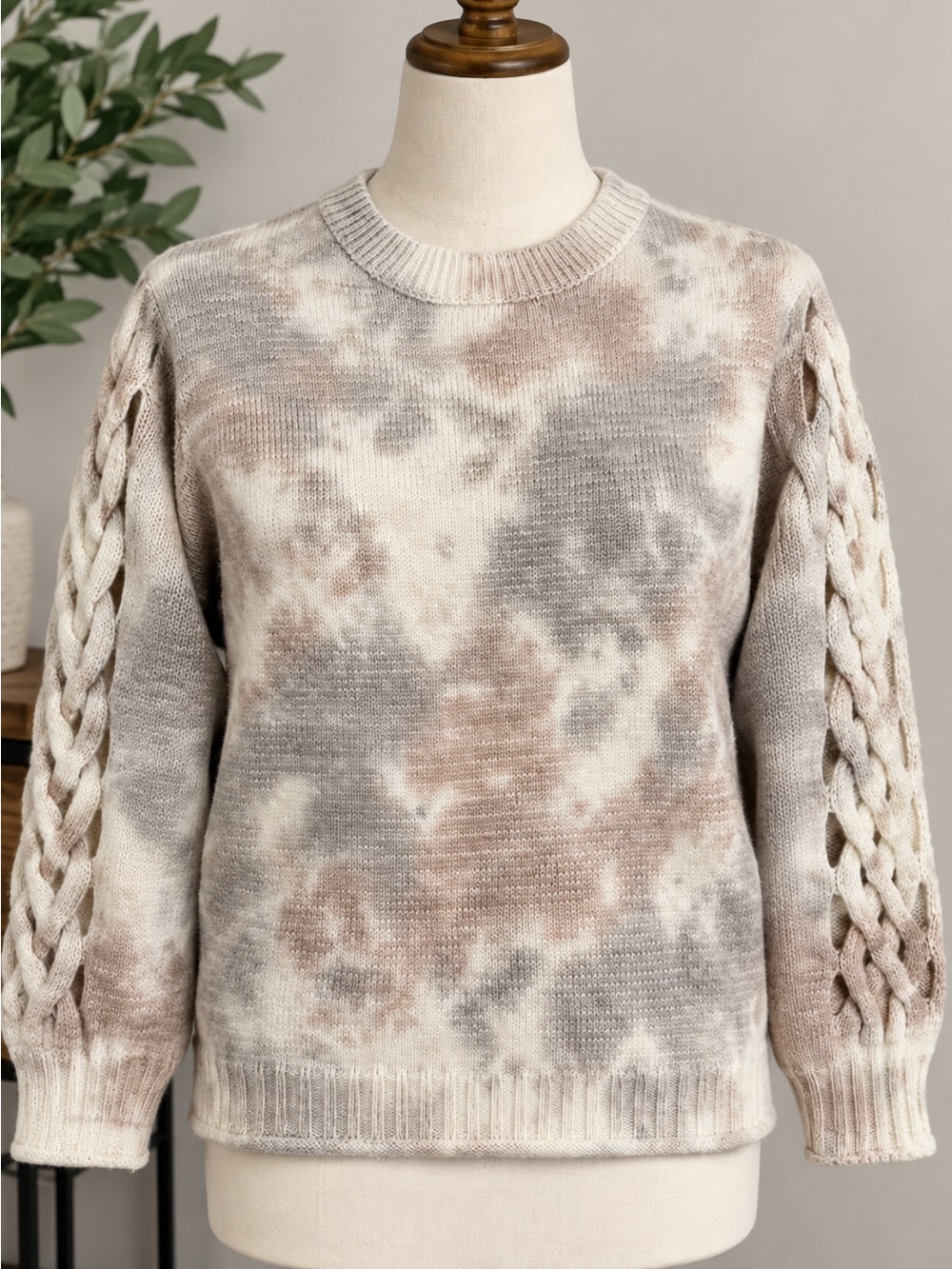 Main Strip Taupe & Cream Cable-Sleeve Crewneck Sweater